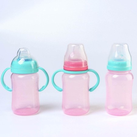 A bottle for feeding, a wide throat, 270 ml, with handles, pink/turquoise-4