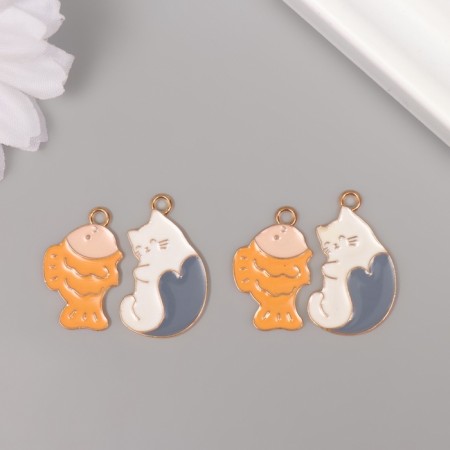 Decor for creativity metal, enamel "cat with a fish" set 2 pcs 2.6x2.5 cm-3