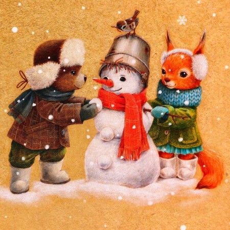 New Year. Package Gift New Year Laminated "Beast and Snowman", Lux, 11.5 x 14.5 x 6.5 cm.-1