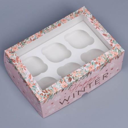 Folding box for 6 cupcakes with the Happy Winter window, 25 x 17 x 10 cm, New Year-2