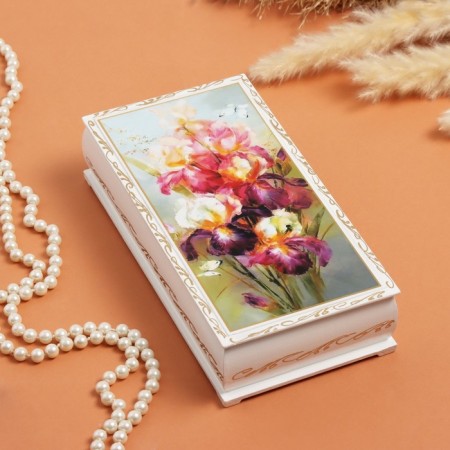 Casket "Irises and butterfly", white, 11 × 22 cm, lacquer miniature