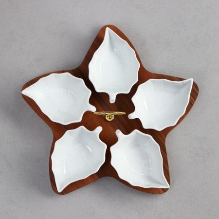 Menzhitsa "Leaves", 5 pcs: 150 ml, wooden base, porcelain, Iran-3