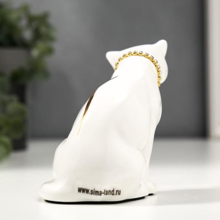Souvenir ceramics "White cat with a necklace" with gold, rhinestones 10.2 cm-3
