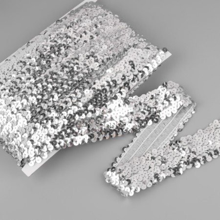 Decorative braid with sequins, elastic band, 3.5 cm, 9 ± 0.5 m, silver color