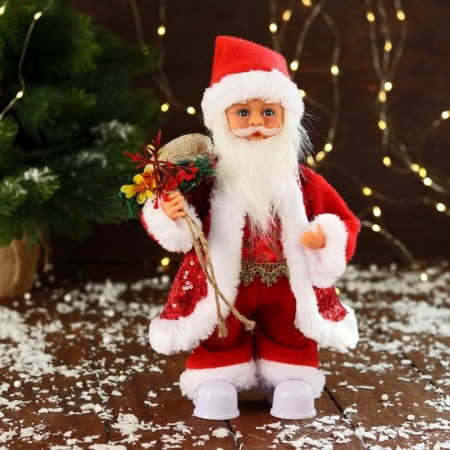 Santa Claus "in a patterned vest, with gifts" moves, with backlight, 28 cm, red