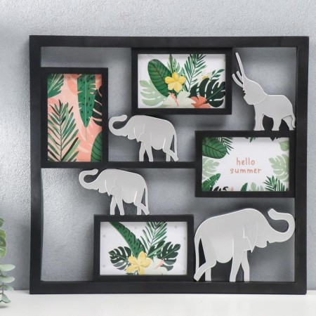 Photo frame plastic in 4 photos 10x15 cm "Four silver elephants" black 39x42 cm