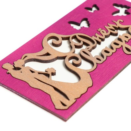 Wooden envelope carved "Happy Wedding Day!" newlyweds, purple background-1