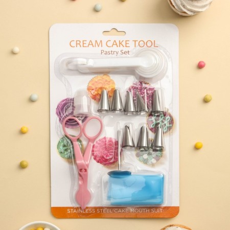 Set of confectionery “norm”, 13 objects: forceps, 8 nozzles, confectionery bag, adapter, measuring spoons, confectionery nail-8