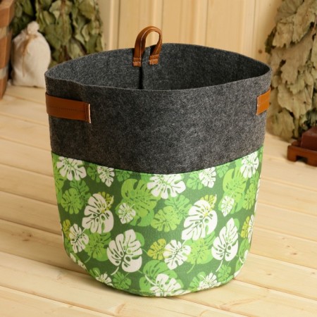 Organizer for storage with side handles, print green leaves, gray, 28x28x26 cm