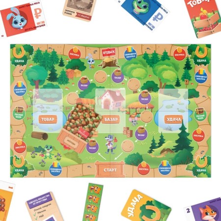 Board game "Forest Bazaar", 60 bills, 38 cards, field, cube, 4 chips, 5+-3