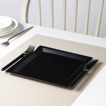 Plastic disposable plastic 3 in 1: plate, fork, knife, square, black