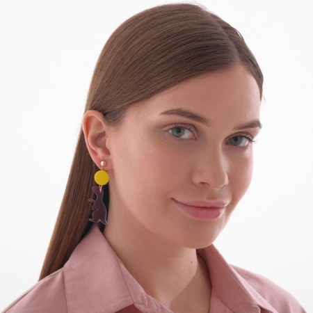 Acrylic earrings "dinosaurus" cute, color violet-yellow-1