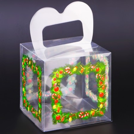 New Year. Box a gift New Year folding PVC "New Year's toys" 10 x 10 x 10 cm.