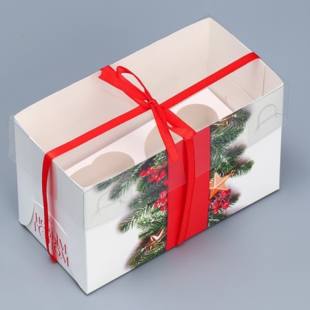 Capcake box "Happy New Year", needles and berries, 16 x 8 x 10 cm, New Year-2