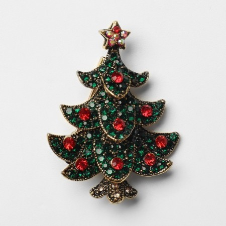 Brooch "Funny Christmas tree", green-red color in gold