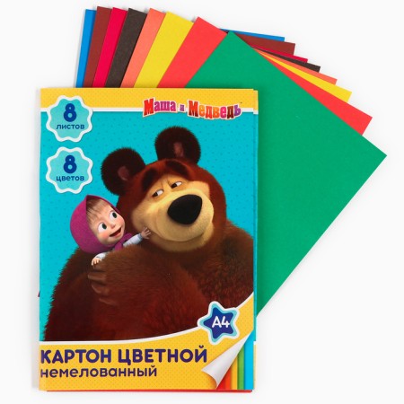 Cardboard color, A4, 8 sheets, 8 colors, non -unilateral, in a folder, 220 g/m², Masha and the bear-1