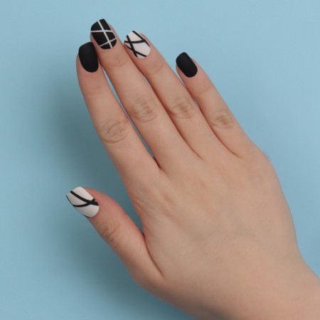 Black overhead nails, 12 pcs, with adhesive plates, soft square shape, black/white color-12