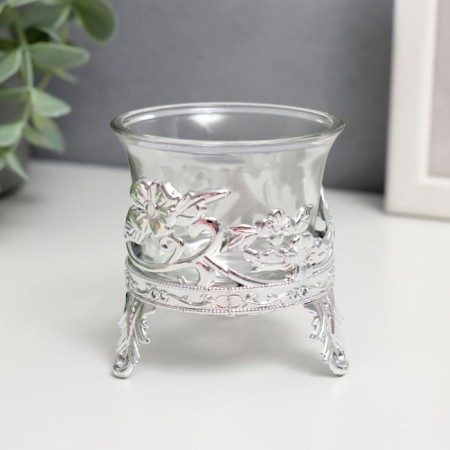 Glass candlestick, 1 candle "Flower" silver 6.5x6x6 cm-1