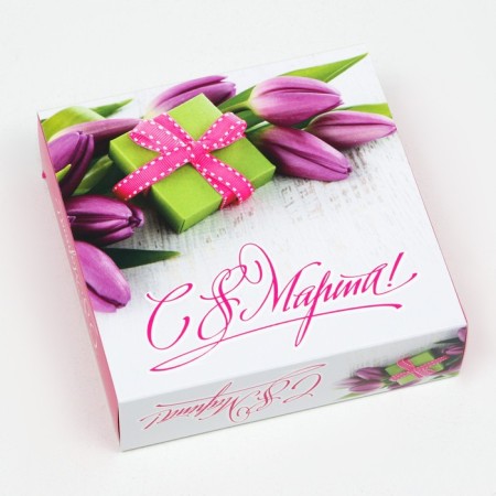 Box for 9 sweets with a shell "since March 8!", Tulips, 13.7 x 13.7 x 3.5-3
