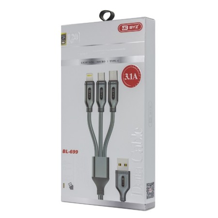 Cable 3 in 1 Byz BL-699, USB-Microusb/Lightning/Type-C, 3.1 a, 1.2 m, silver-2