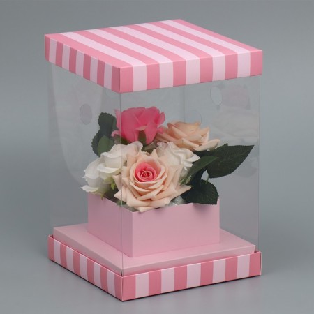 Gift box for flowers with a vase and PVC windows folding, packaging, "Love", 16 x 23 x 16 cm