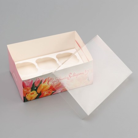 Box for 6 cupcakes with a transparent cover, "Happy March 8", 23 × 16 × 10 cm, confectionery packaging-3
