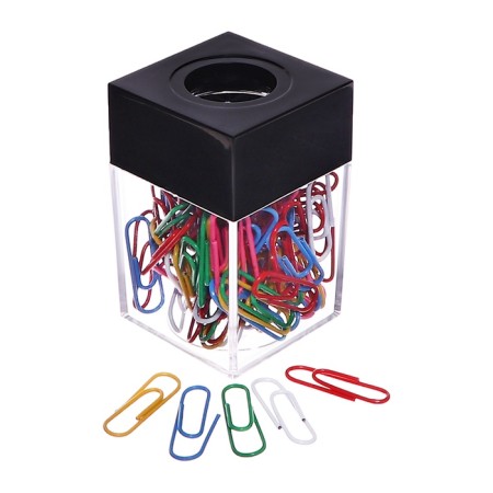 Square crossbreaker with a magnet is transparent plastic, colored paper clips 100 pieces