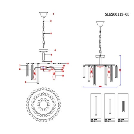 Suspended EVOLUCE lamp. Sle260113-05. Reggio. 5x40 watts, E14, 46x46x40 cm, silver color-7