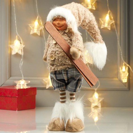 Interior doll "Boy in a beige fur jacket, with skiing in the hand" 47x12x15-4
