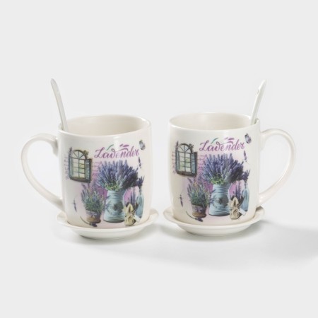 A set of ceramic mugs with spoons and stands "Lavender Bouquet", 2 items: 330 ml, Mix drawing