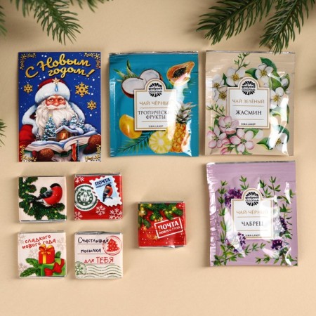 Gift set "Happy New Year": Assorted tea 5.4 g (3 pcs. X 1.8 g)., Hand chocolate 25 g (5 pcs. X 5 g)., Postcard-1