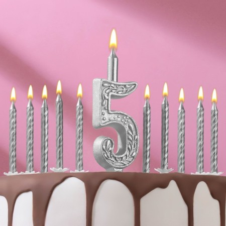 Set of candles number "5" + classic, silver, 10 cm