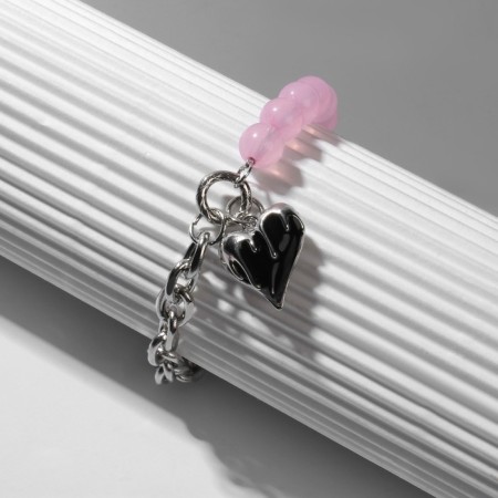 Bracelet "Heart" chain, black-pink color in silver, l = 16 cm-4