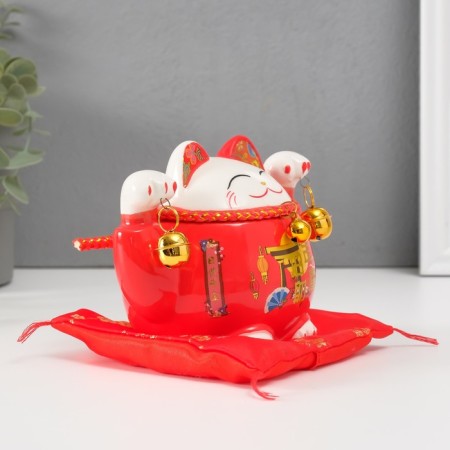 Pig a piggy bank Ceramics "Cat Mani-Neko Red with bells" 10.5x13.5x9 cm-1