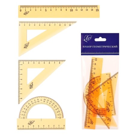 Damage set 4 objects (ruler 15 cm, square 30 °/ 60 °, 10 cm; square 45 °/ 45 °, 8 cm; transporter 180 °, 9 cm), transparent orange