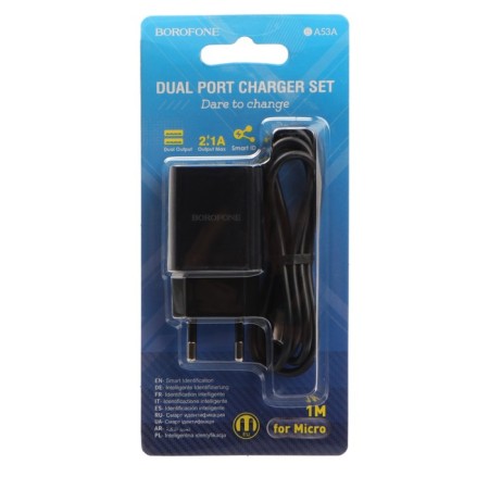 Network charger Borofone BA53A, 2XUSB, 2.1 A, MicroUSB cable, 1 m, black-5