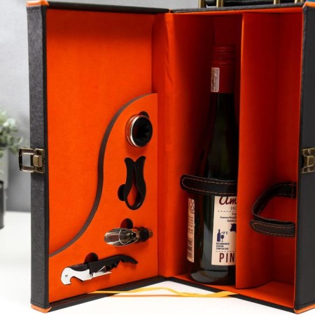 Casket wood, leatherette for 2 bottles "black with orange insert" 4 items 34.5x20x12 cm 51968-2
