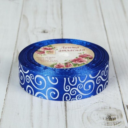 Satiner tape "Pattern", 25 mm × 23 ± 1 m, white color/blue No. 040-2