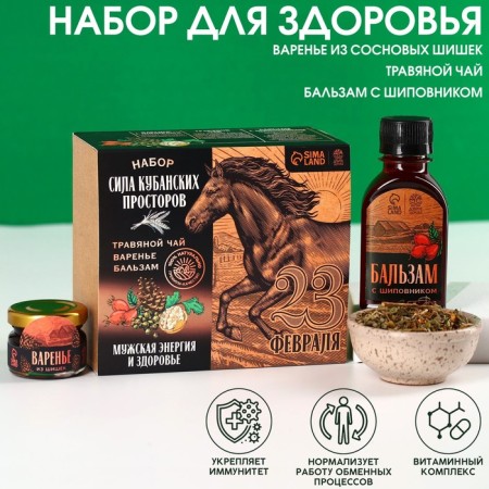Gift set “February 23”: herbal tea 20 g., Balm with rosehip 100ml., Jules of pine cones 30g.