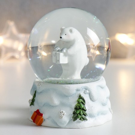 Souvenir Polystone Water Ball "White Bear with a gift" White with silver 7x6.7x8.8 cm-3