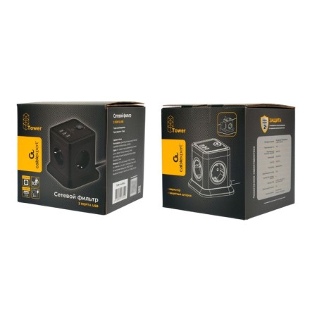 Network filter Cablexpert Twr-4-U3-B-2, 4P, 10A, 3XUSB, 3.1A, 2M, Ur. Protection 2+, black 1030905-4