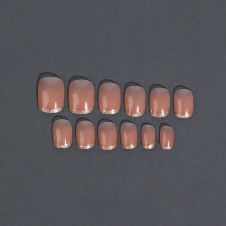 Nude overhead nails, 12 pcs, with adhesive plates, with sparkles, shape is a soft square, the color is light - beige-3