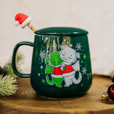 Ceramic mug with a spoon of "love in the new year", 350 ml, green color-1