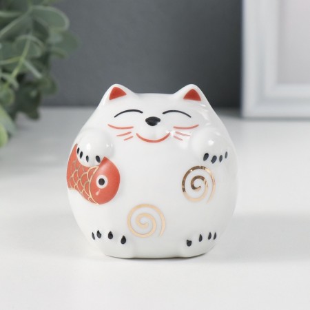 Piggy bank Ceramics "Cat Mani-Neko with a Round fish with patterns" 7x7x6.8 cm