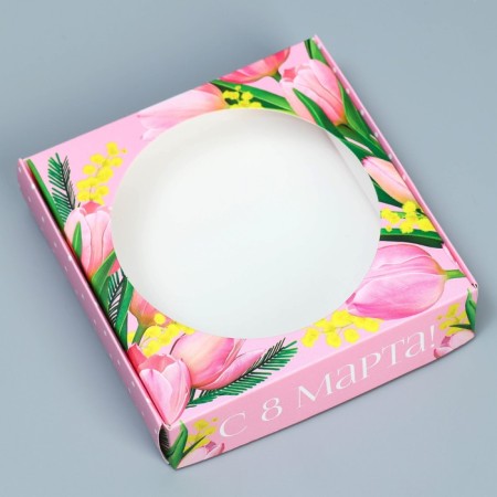 Box for Makarun with low sides, confectionery packaging "Tulips", March 8, 11 x 11 x 3 cm-1