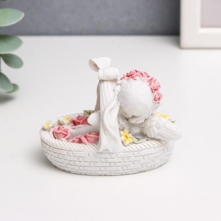 Polystone souvenir "Snowty angel in a pink wreath, in a basket with flowers" 6.5x8x5 cm-2