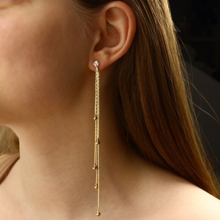 Hanging earrings with the rhinestones "celebrity" threads with beads, white color in gold, 12.5 cm-4