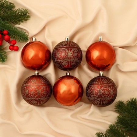 Set of balls plastic D-7.5 cm, 6 pcs "Frosty placket" ornament, brown