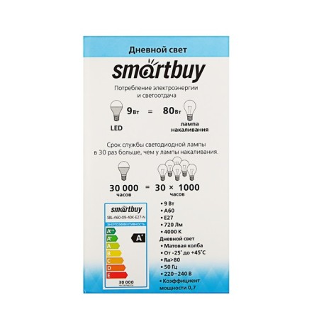 Smartbuy, E27, A60, 9 W, 4000 K, daylight white light lamp-3