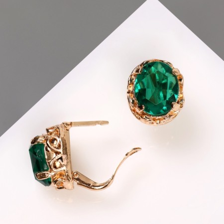 Earrings with rhinestones "Edel" oval classic, emerald color in pink gold-1